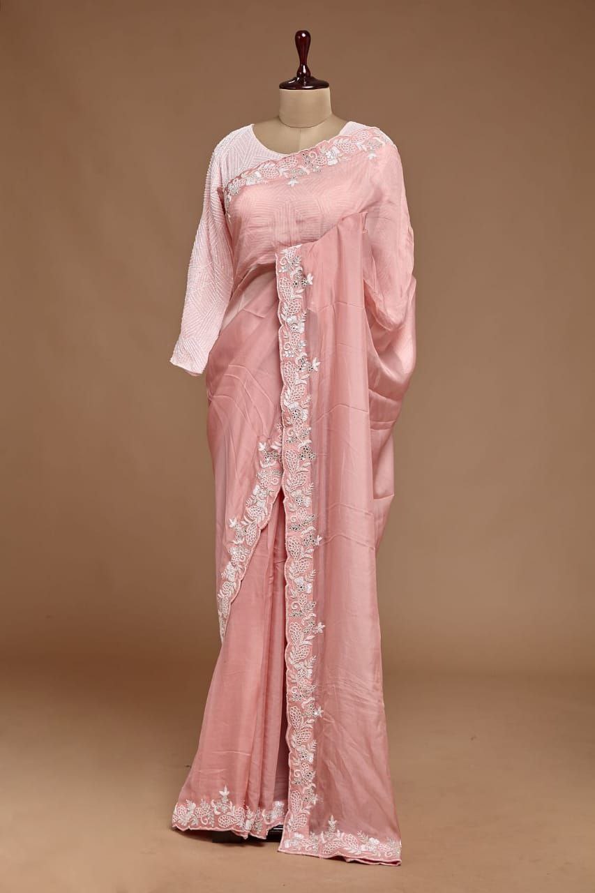 Peach Saree In Organza Silk With Sequence Embroidery Work