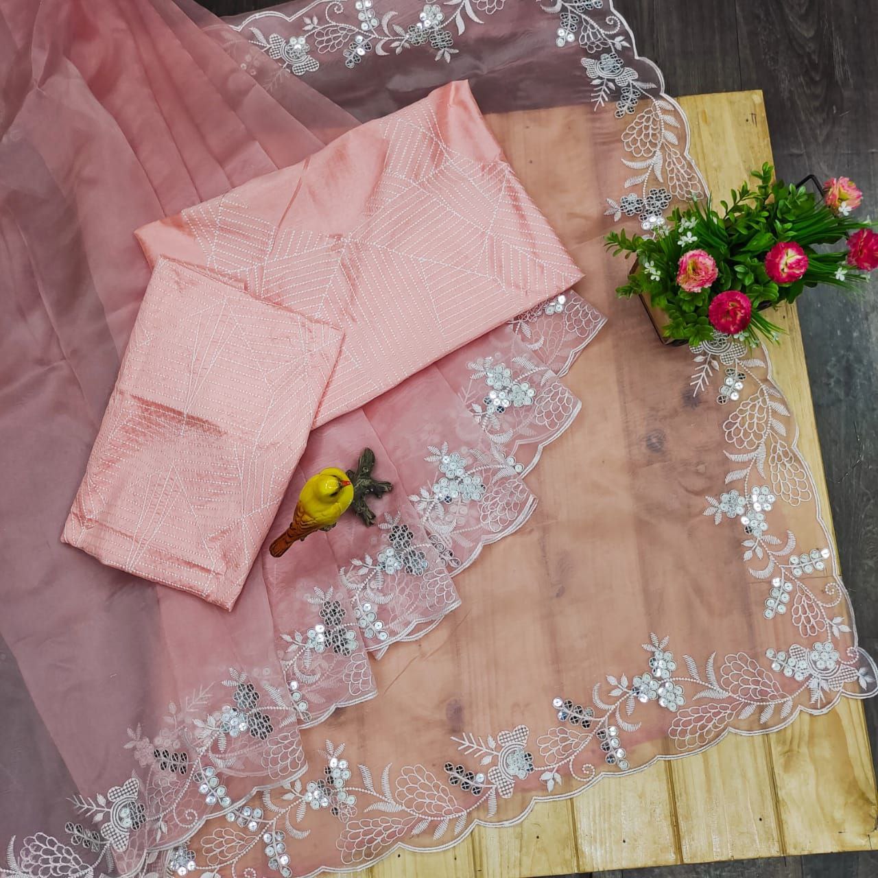 Peach Saree In Organza Silk With Sequence Embroidery Work