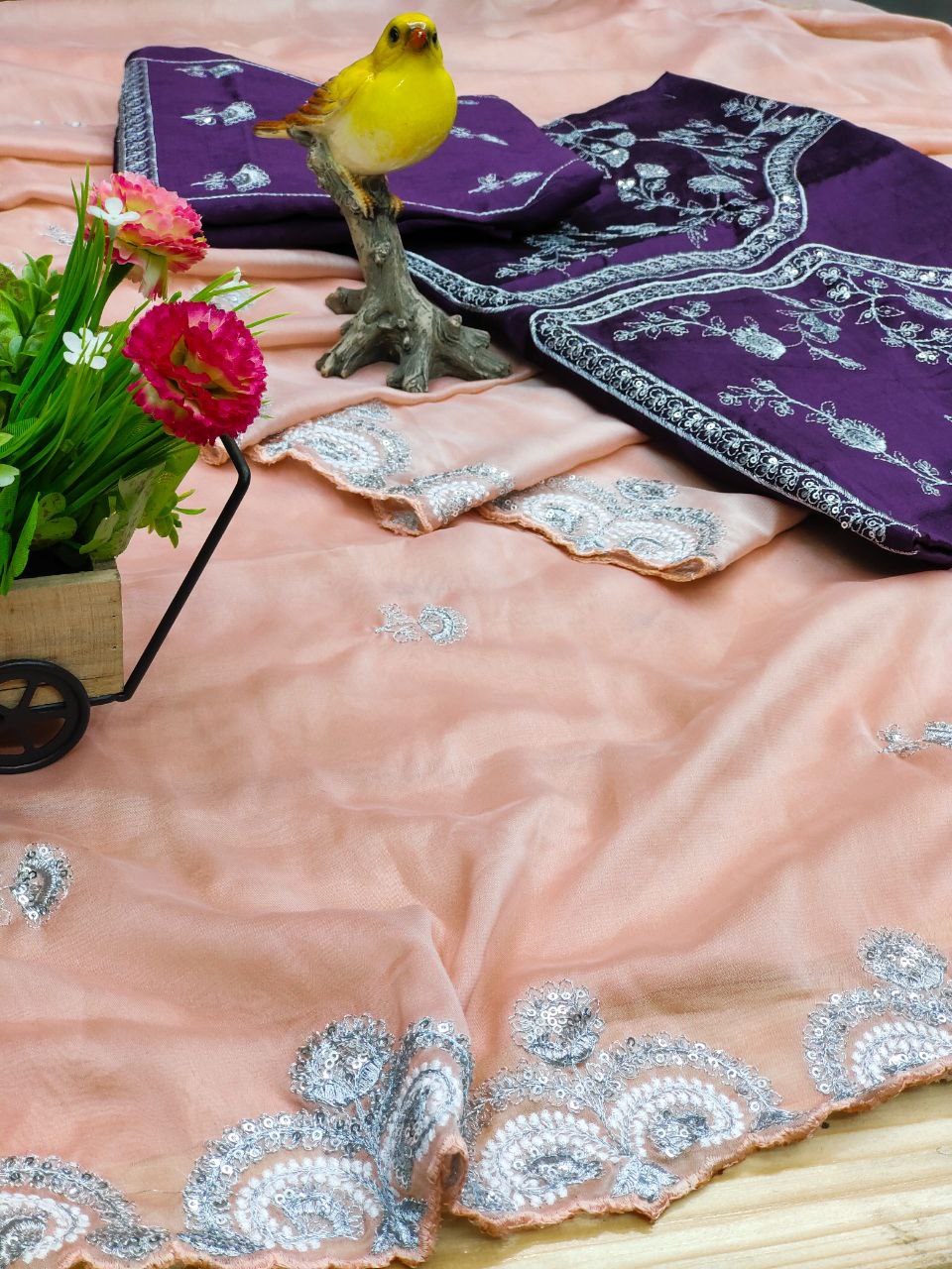 Peach Saree In Rangoli Silk With Sequence Work