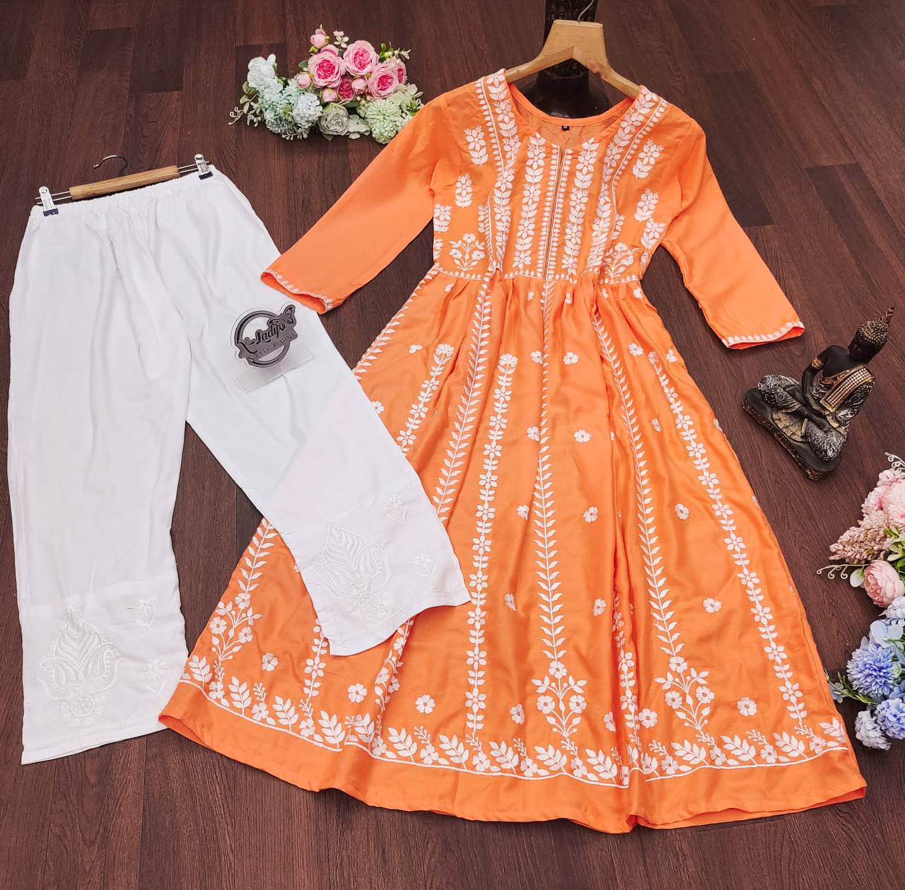 Peach Palazzo Suit In Ryon Cotton With Embroidery Work