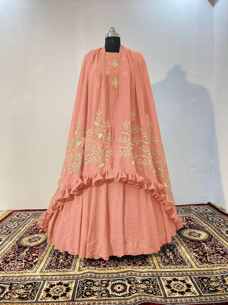 Peach Salwar Suit In Fox Georgette Silk With Fancy Embroidery Work