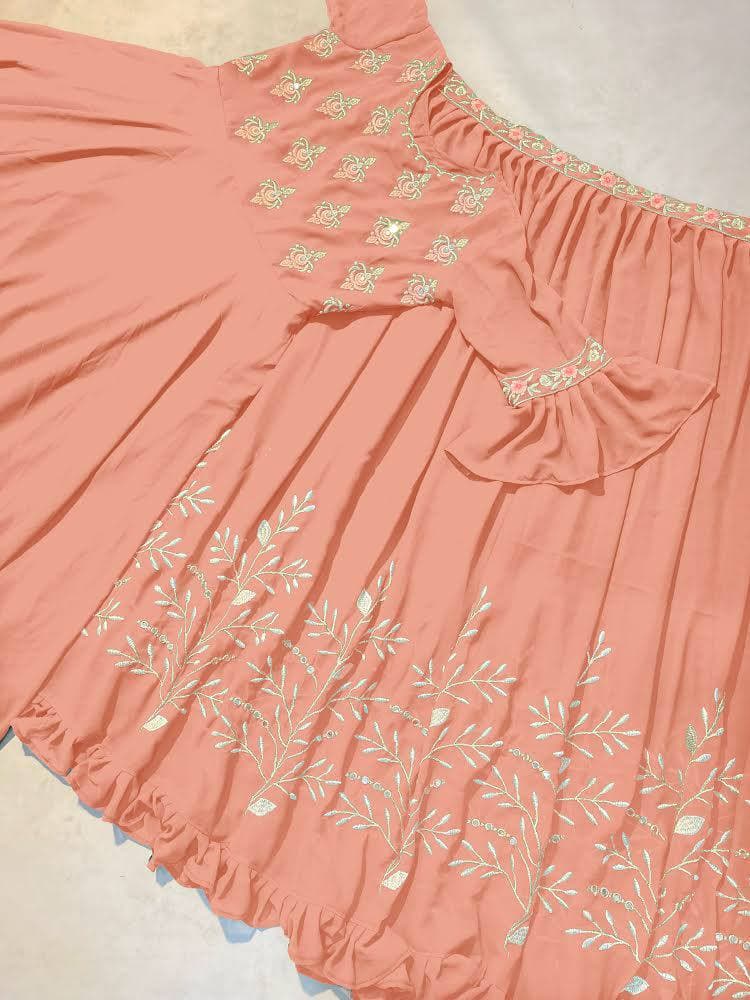 Peach Salwar Suit In Fox Georgette Silk With Fancy Embroidery Work