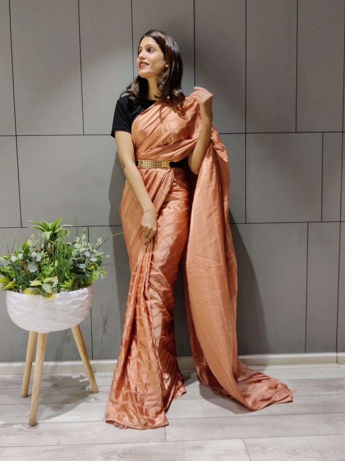 Peach Saree In Booming Silk With Peading
