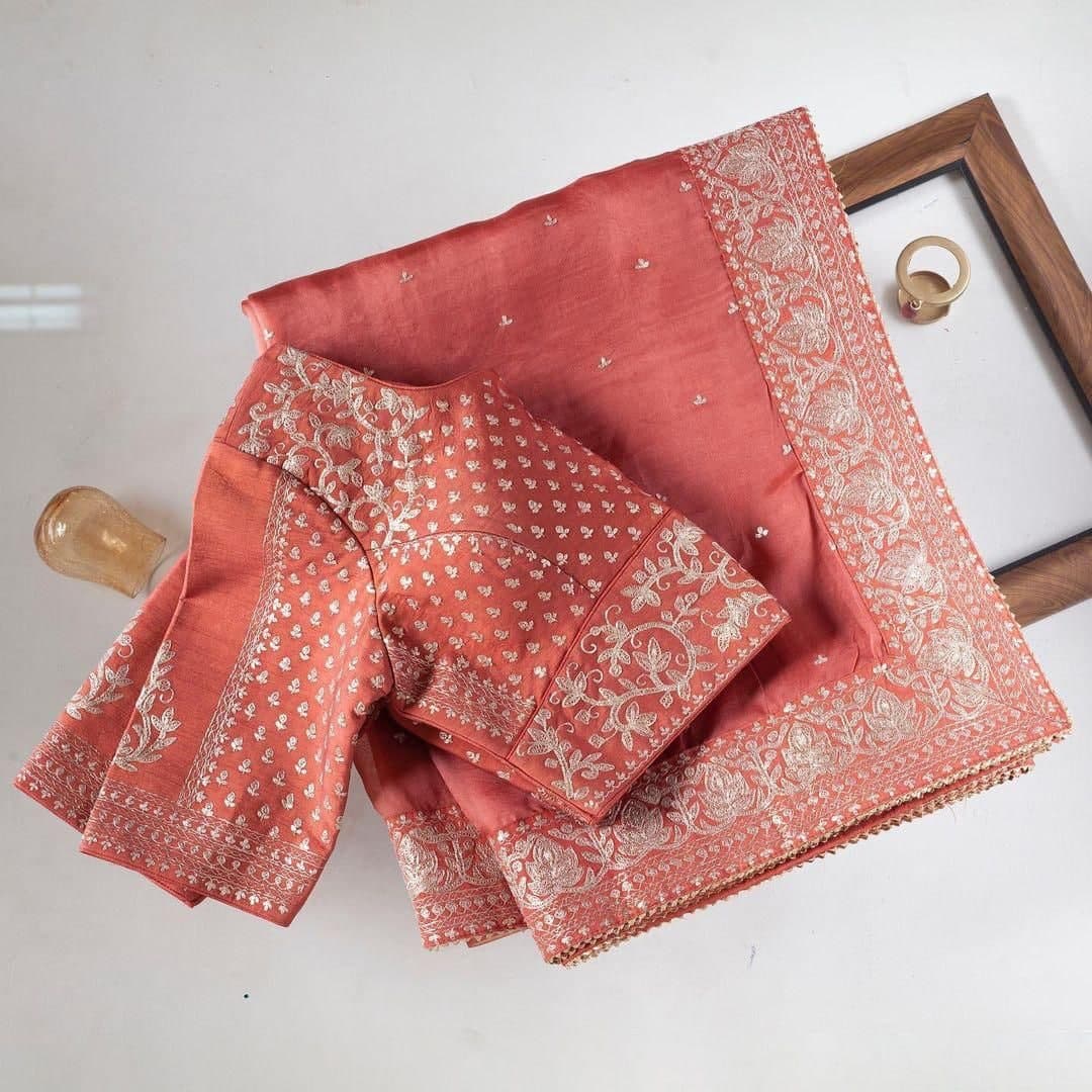 Peach Saree In Organza Silk With Cording Sequence Work