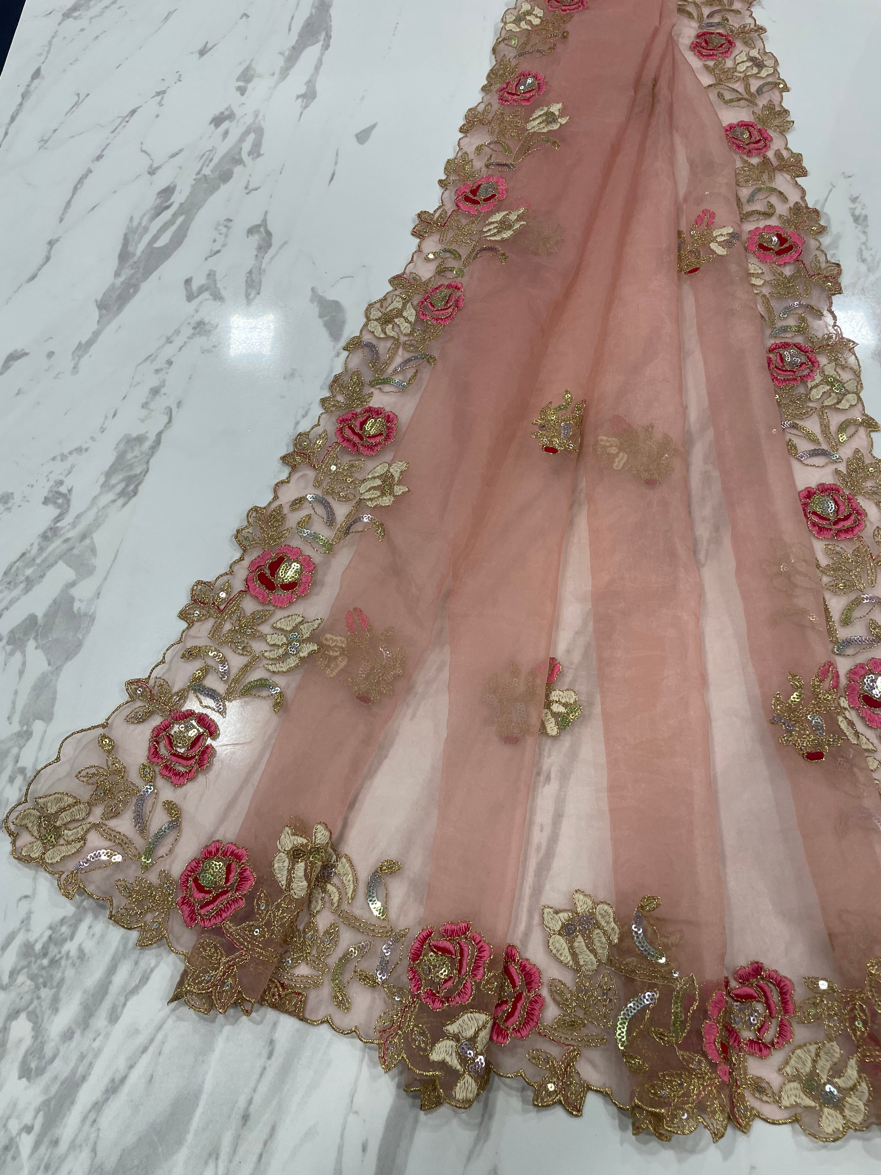 Peach Saree In Organza Silk With Sequence Work