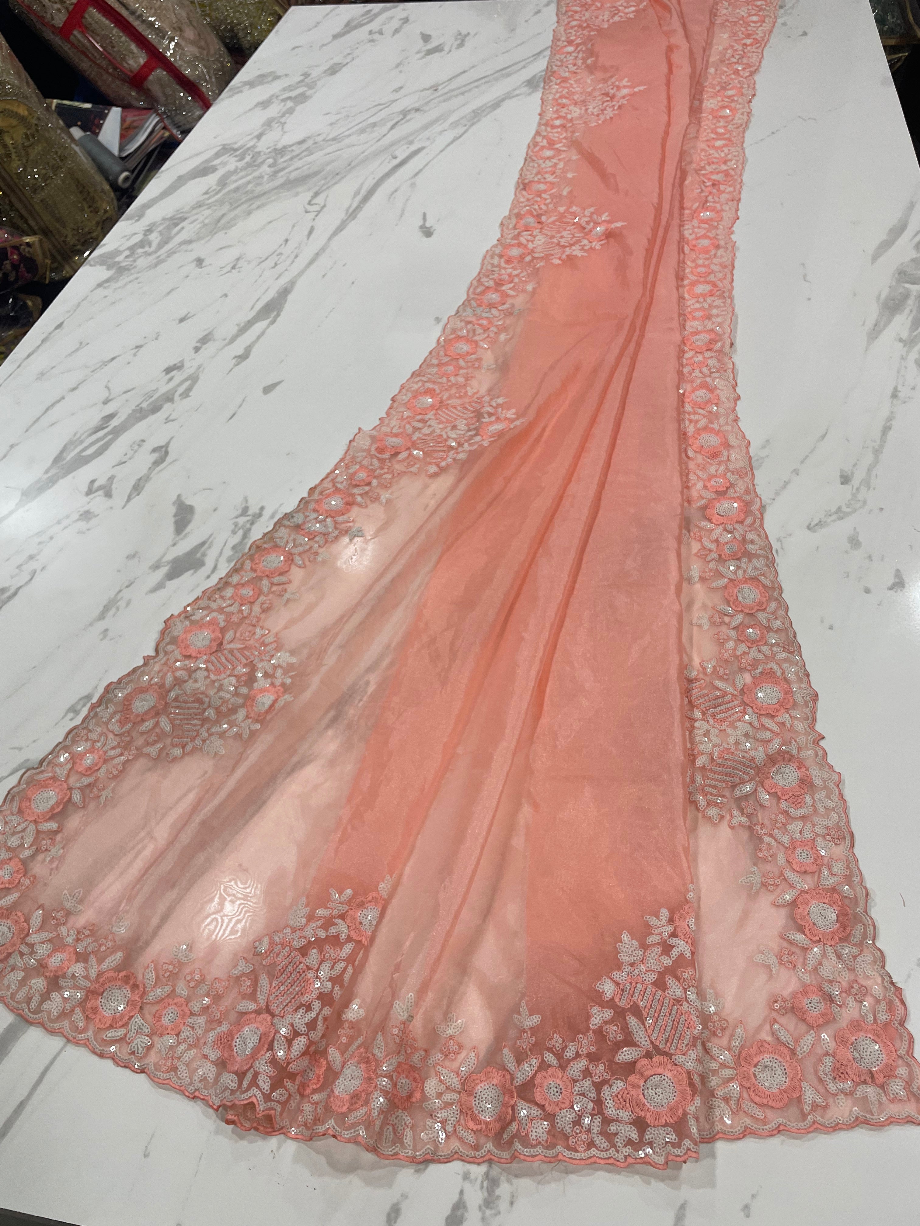 Peach Saree In Organza Silk With Thread Work