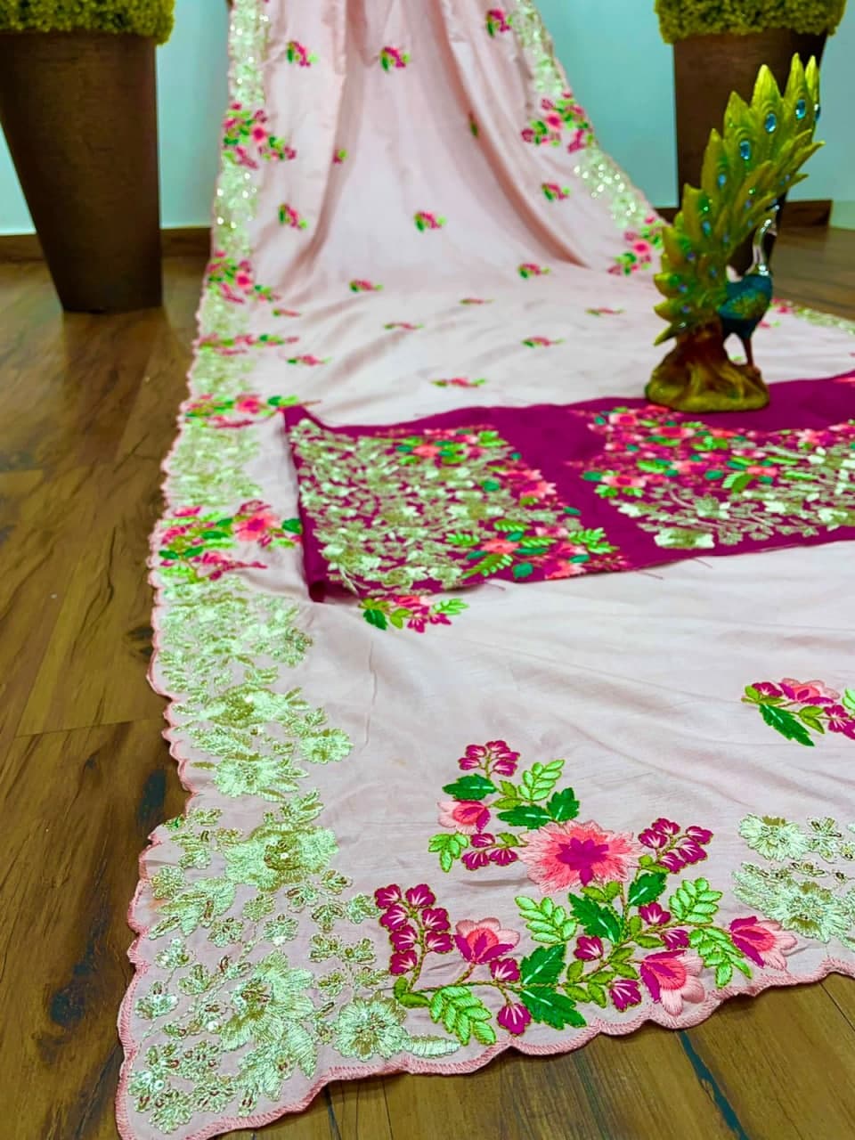 Peach Saree In Rangoli Silk With Thread Sequence Work