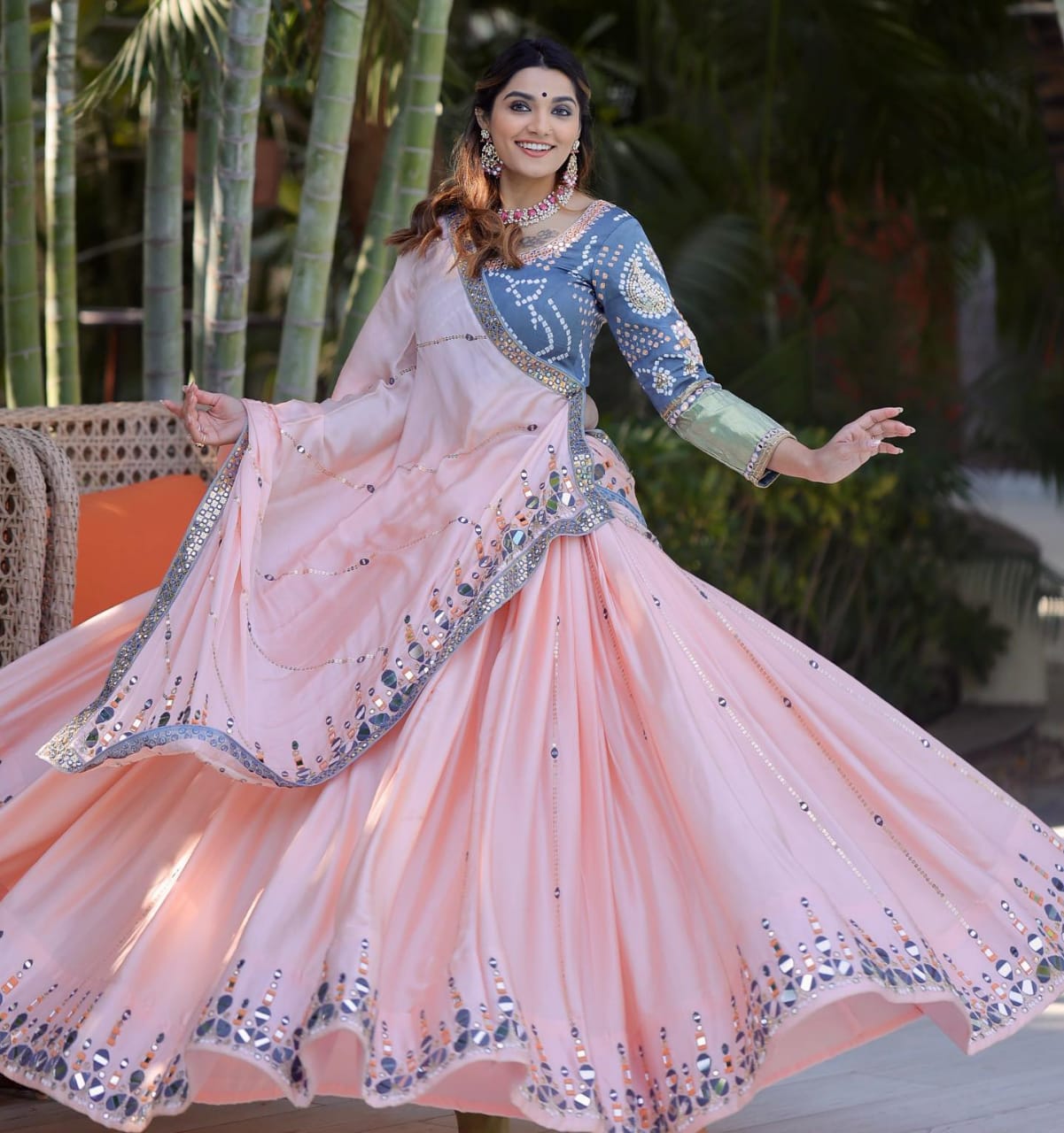 Peach Lehenga Choli In Soft Butter Silk With Embroidery Work