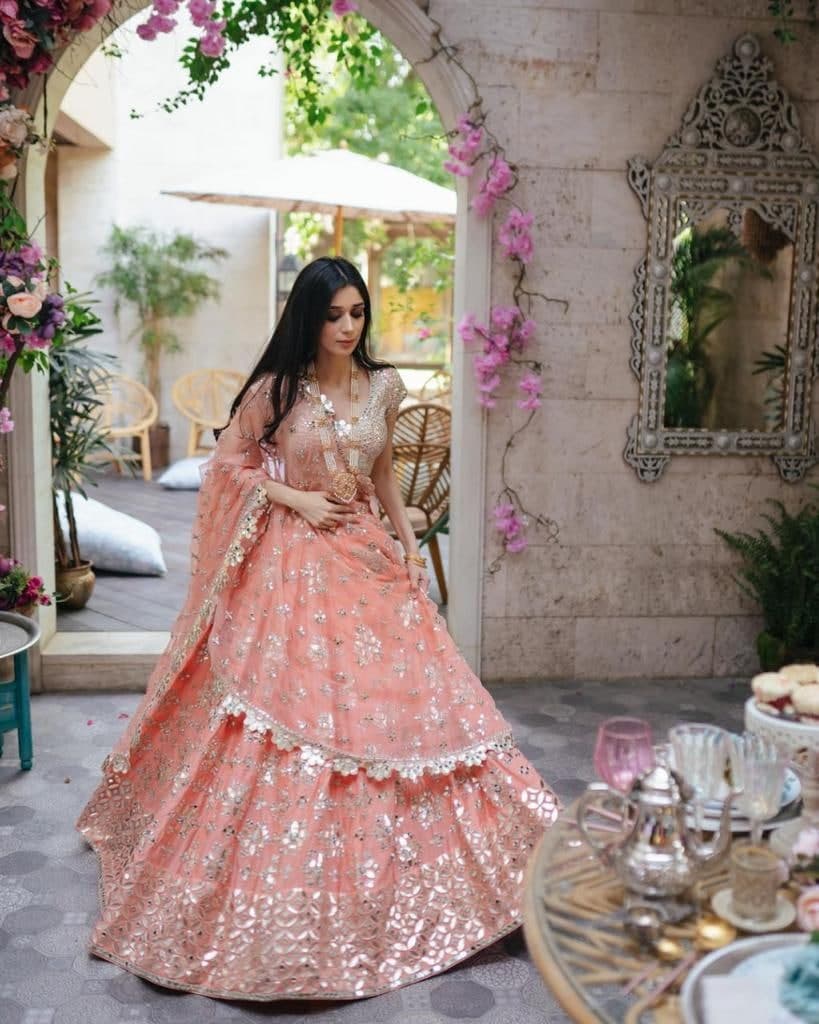 Peach Lehenga Choli In Taffeta Silk With Foil Paper Embroidery Work