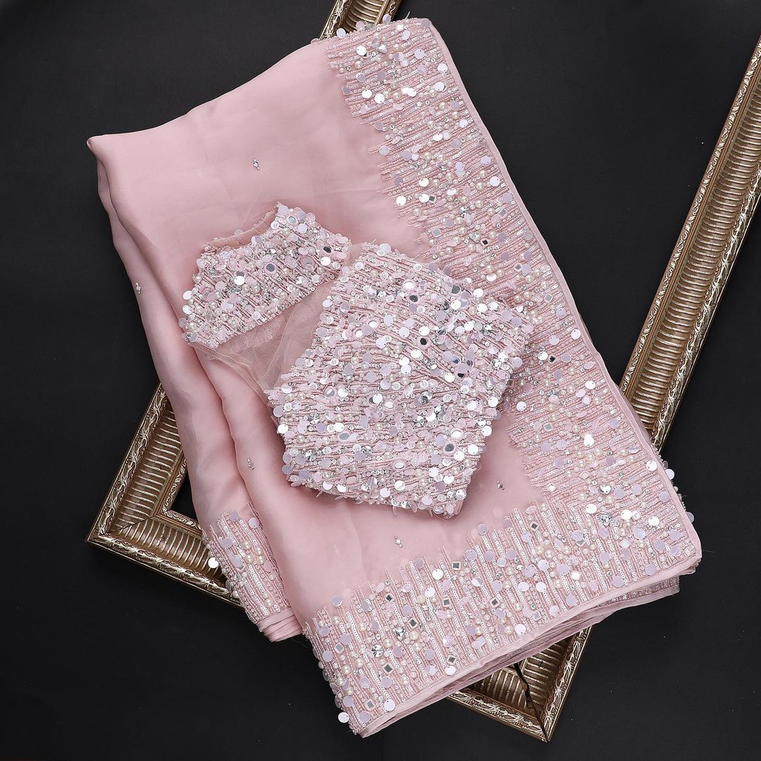 Light Pink Saree In Organza Silk With Sequence Work