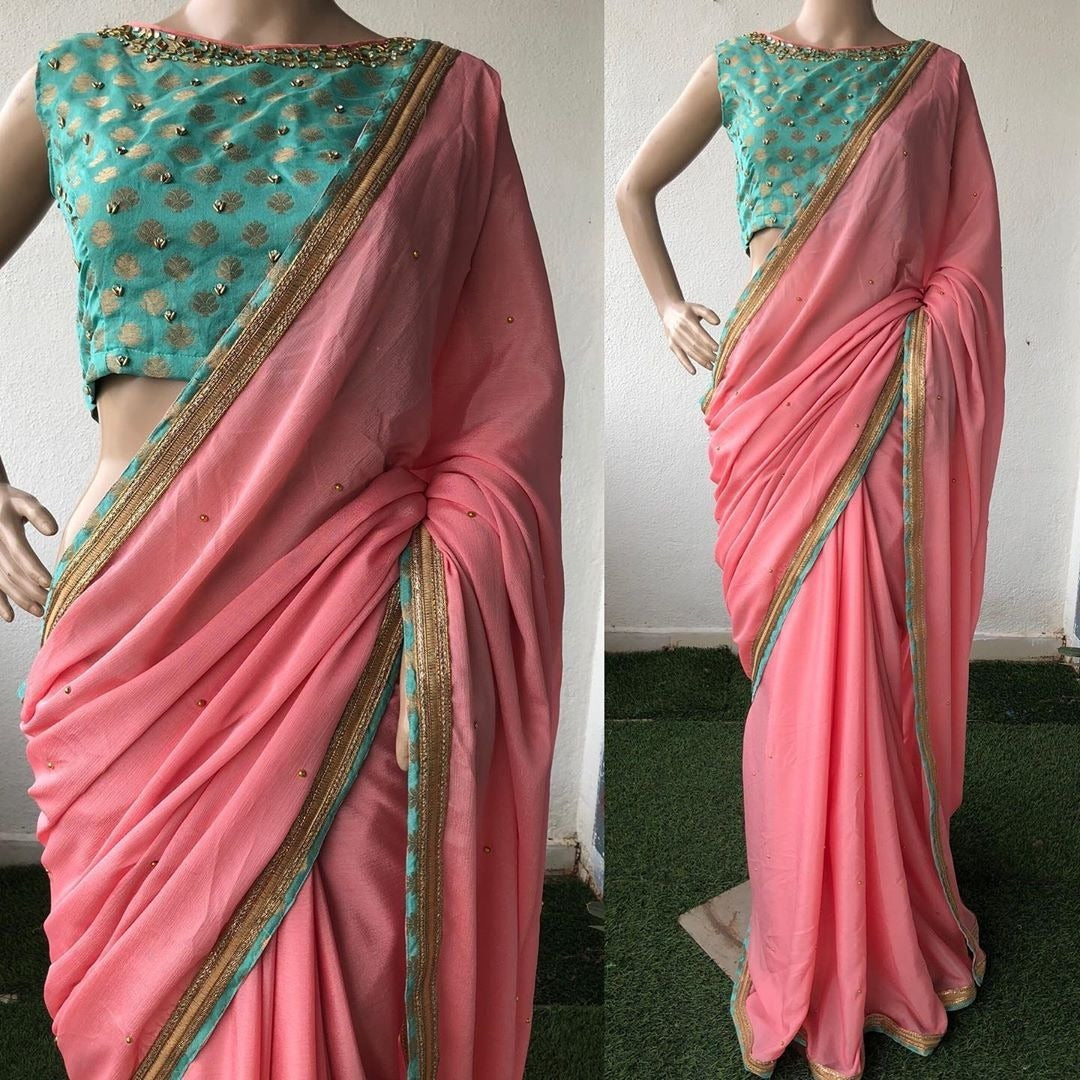 Pink Saree In 60 GM Georgette With Hand Work