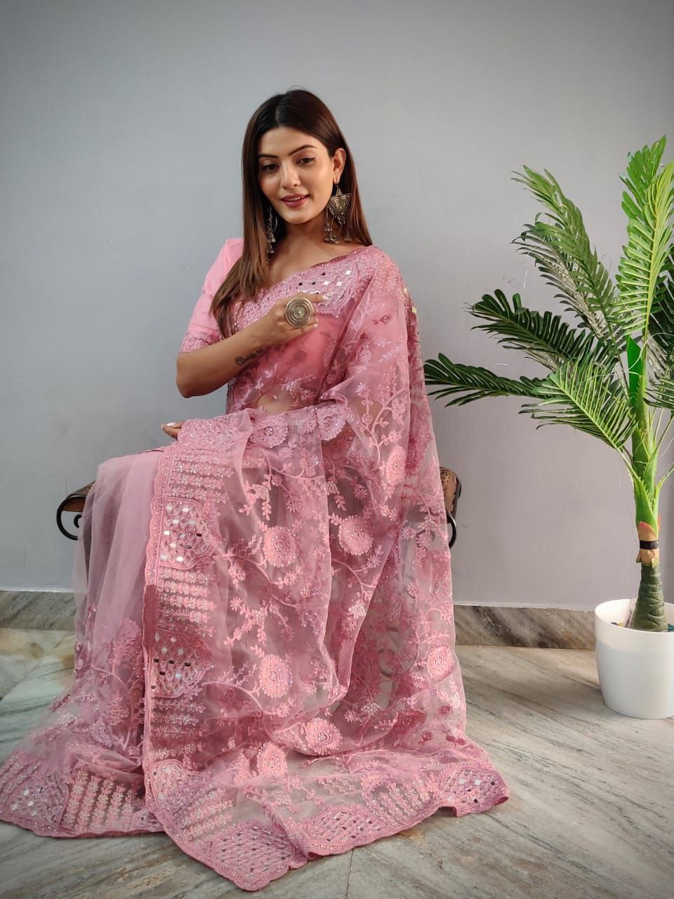 Pink Butterfly Mono Net Diamond Work Saree