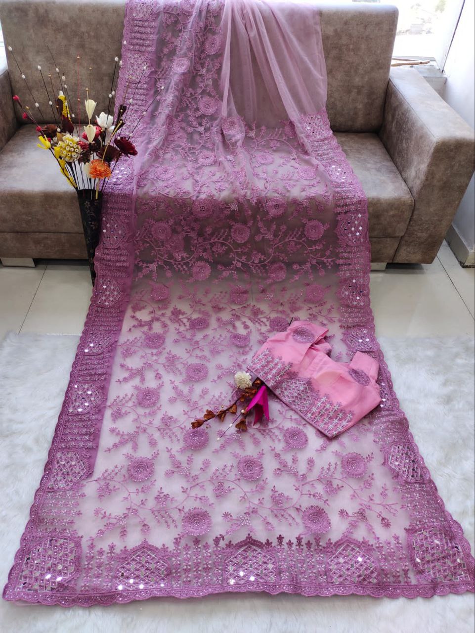 Pink Butterfly Mono Net Diamond Work Saree