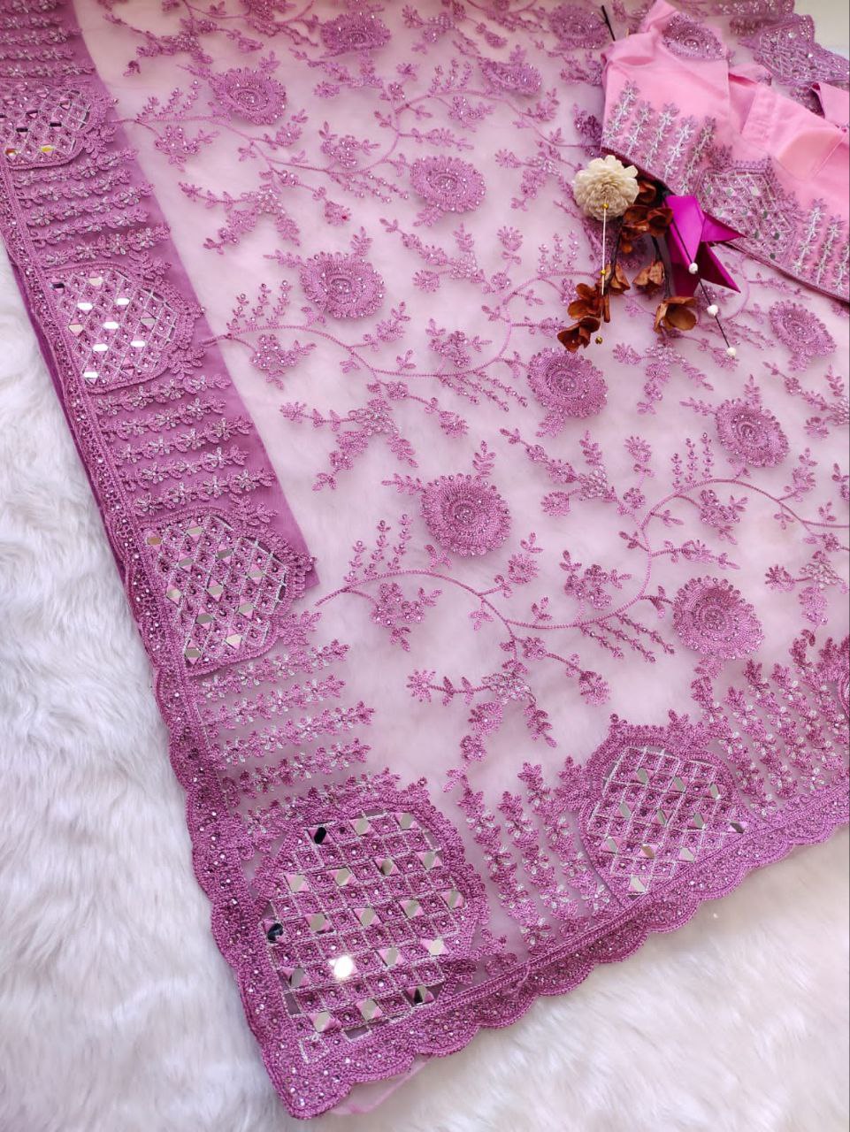 Pink Butterfly Mono Net Diamond Work Saree