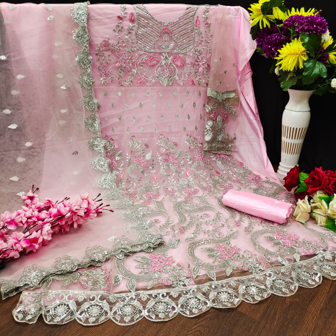 Pink Anarkali Suit In Butterfly Mono Net With Embroidery Work