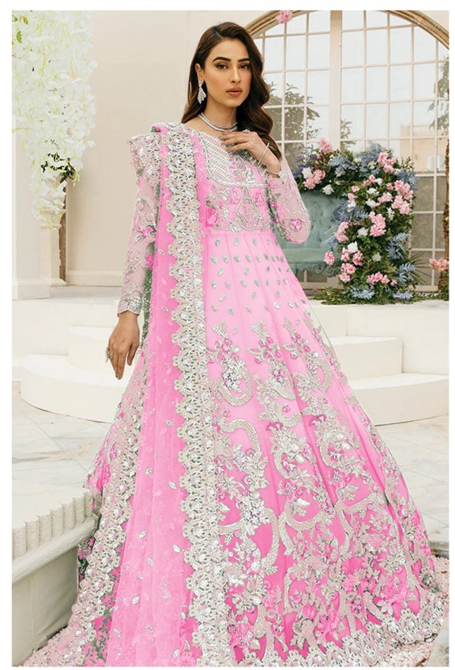 Pink Anarkali Suit In Butterfly Mono Net With Embroidery Work