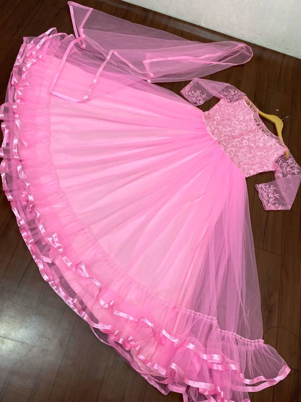 Pink Gown In Butterfly Mono Net With Embroidery Work