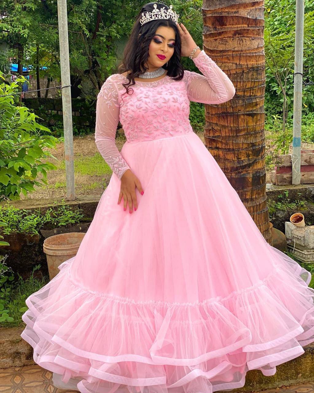 Pink Gown In Butterfly Mono Net With Embroidery Work