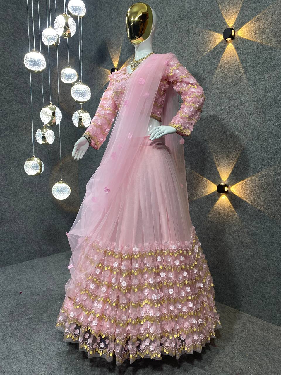 Pink Lehenga Choli In Butterfly Mono Net With Embroidery Work