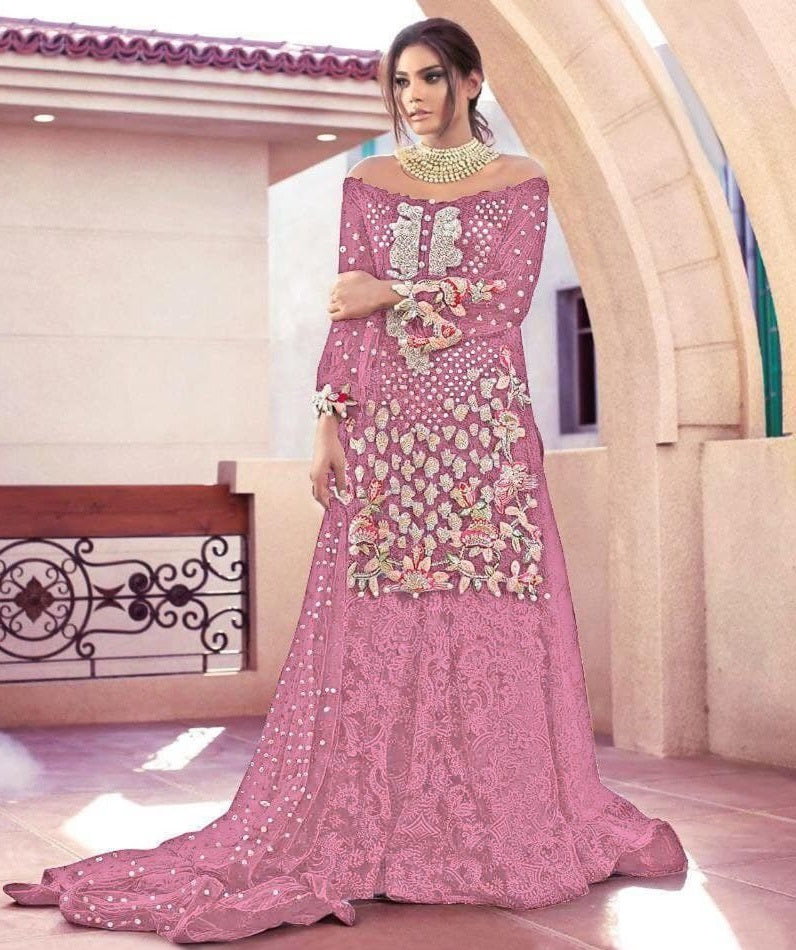 Pink Sharara Suit In Butterfly Mono Net With Embroidery Work