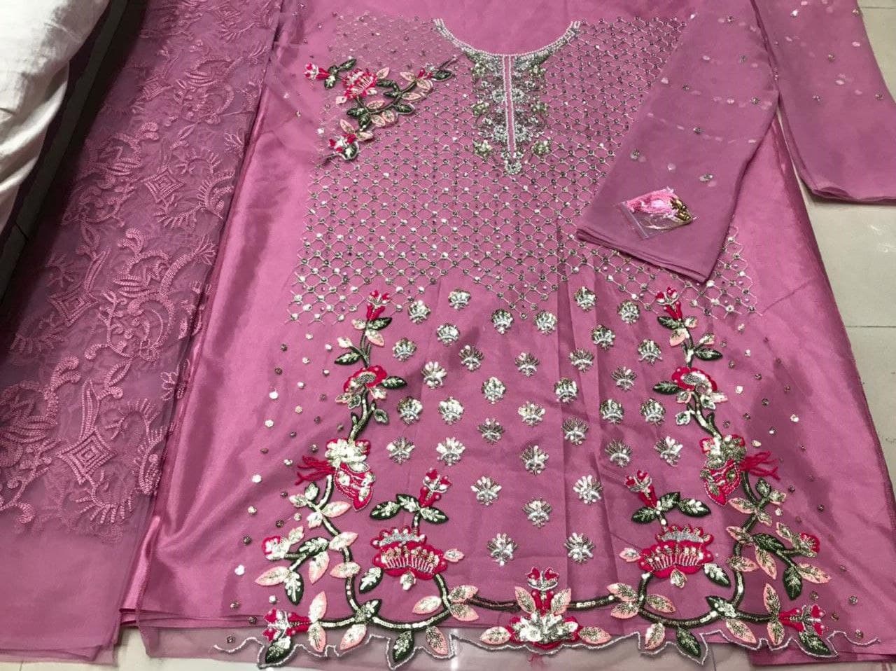 Pink Sharara Suit In Butterfly Mono Net With Embroidery Work