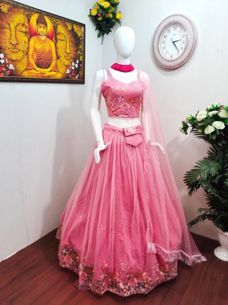 Pink Lehenga Choli In Butterfly Mono Net With Sequence Embroidery Work