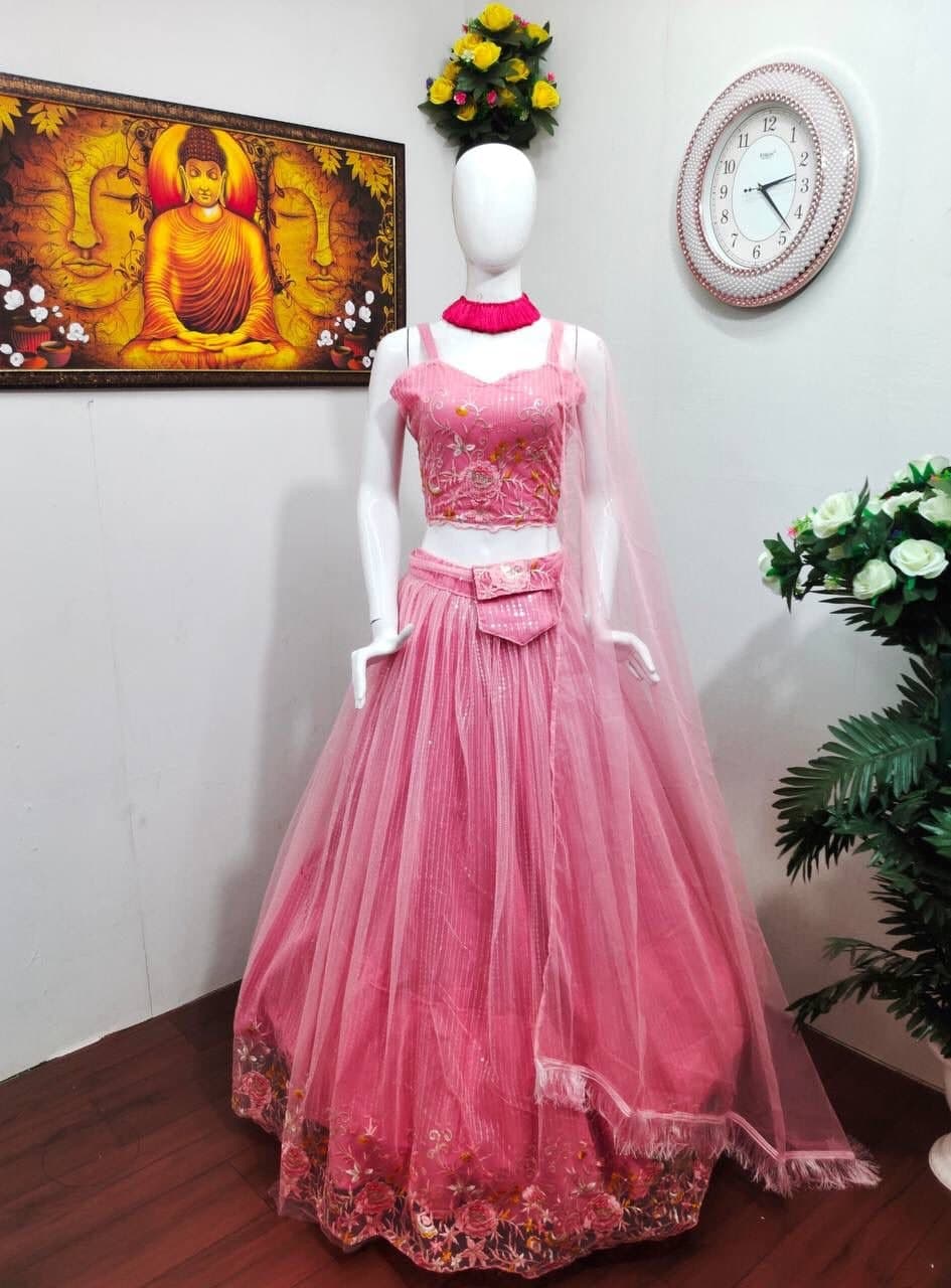 Pink Lehenga Choli In Butterfly Mono Net With Sequence Embroidery Work