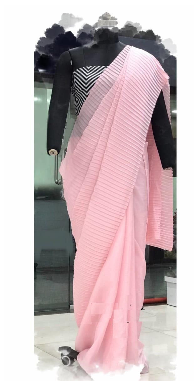 Pink Saree In Chinon Silk With Plain