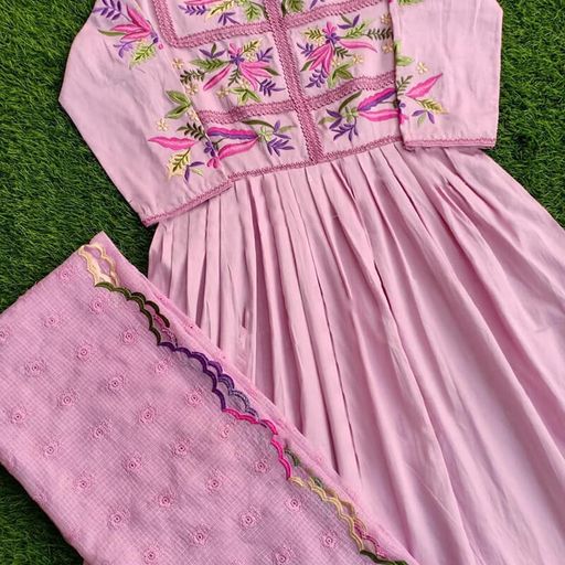 Pink Anarkali Suit In Cotton With Thread Work