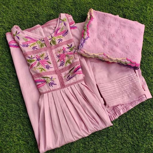 Pink Anarkali Suit In Cotton With Thread Work