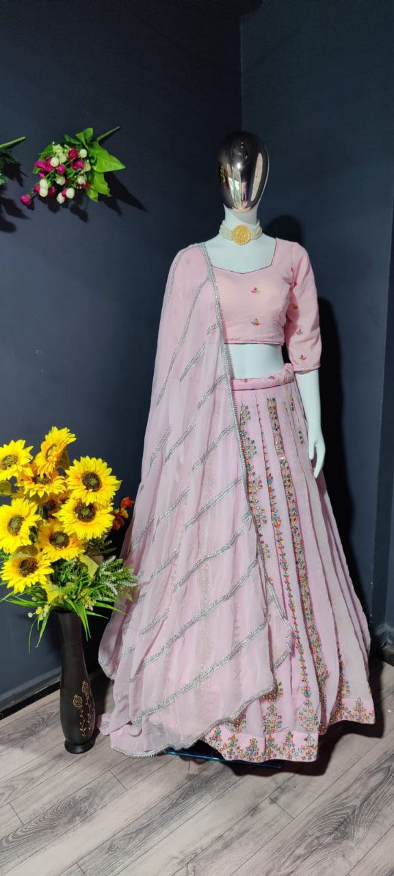 Pink Lehenga Choli In Faux Georgette Silk With Embroidery Work