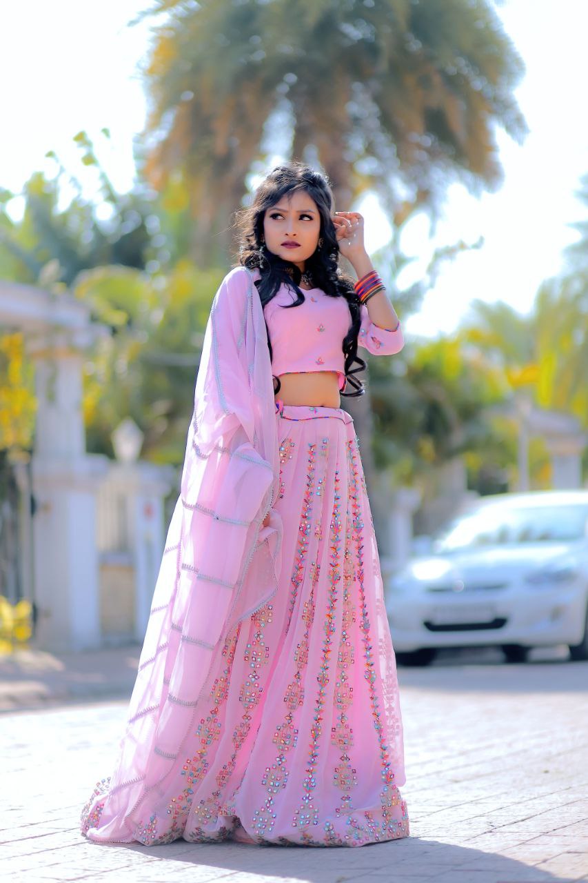 Pink Lehenga Choli In Faux Georgette Silk With Embroidery Work