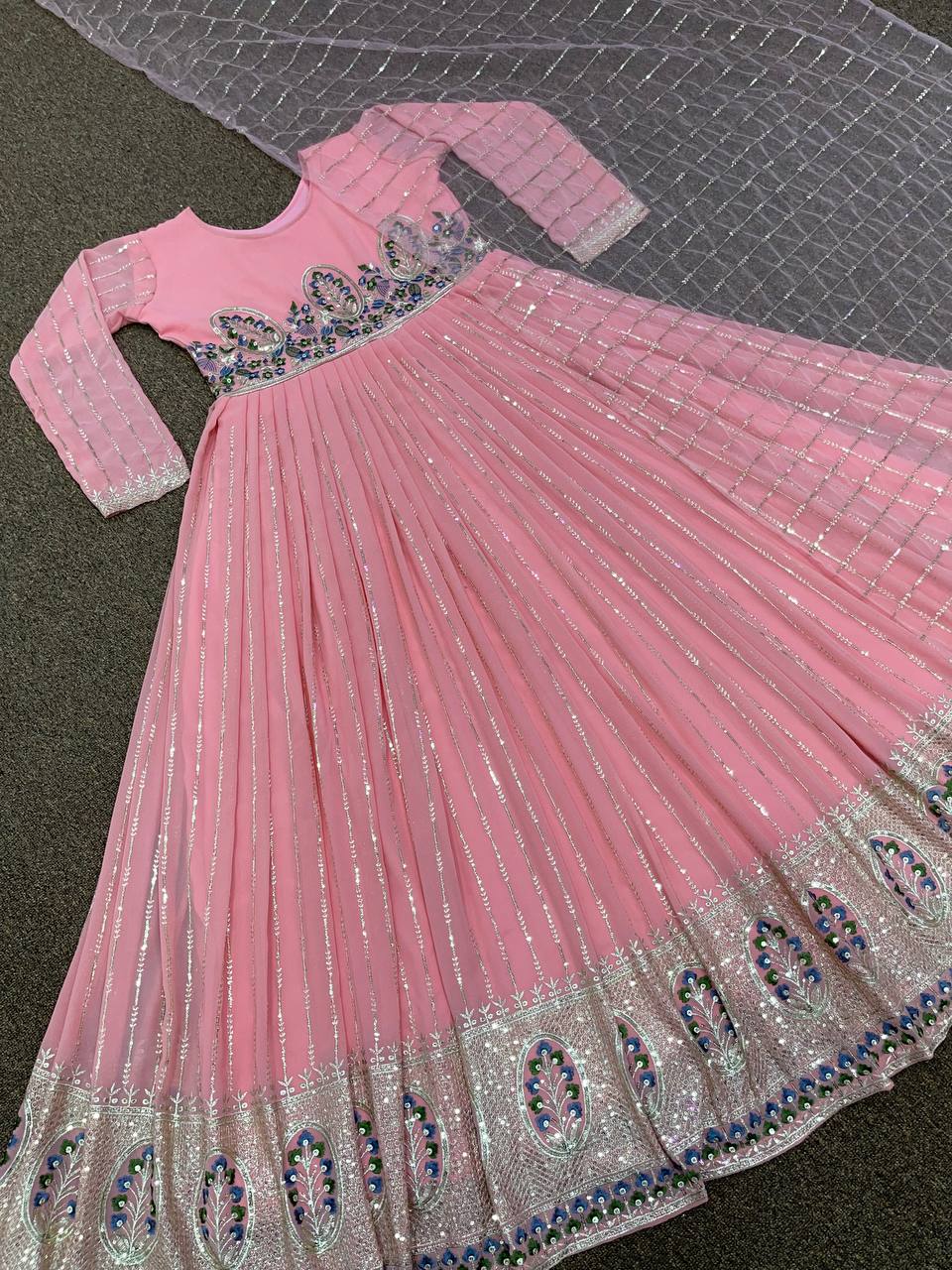 Pink Gown In Fox Georgette With Embroidery Work