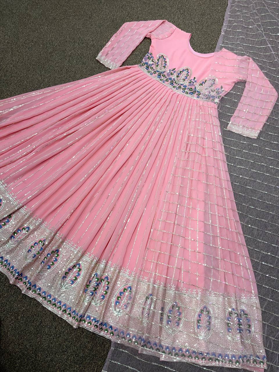 Pink Gown In Fox Georgette With Embroidery Work