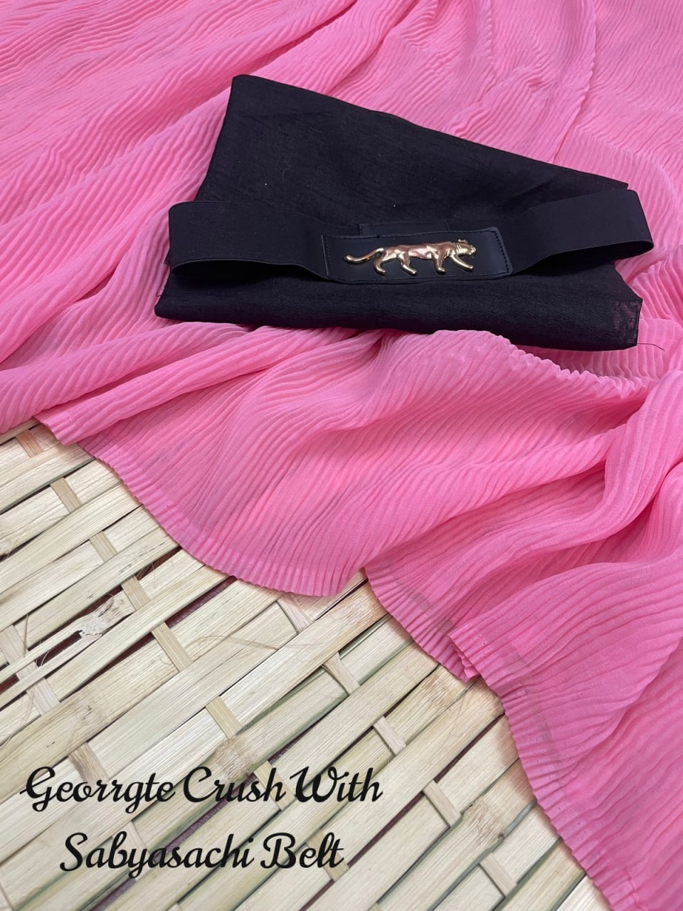 Pink Georgette Silk Blunt Crush Saree With Belt