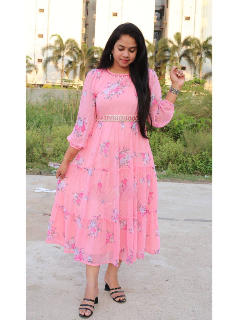 Pink Gown In Georgette Silk With Digital Print