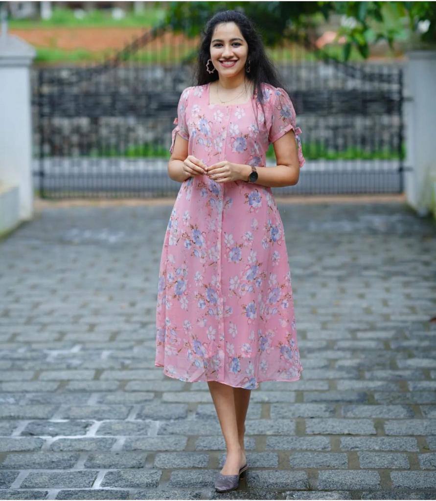 Pink Gown In Georgette Silk With Digital Print