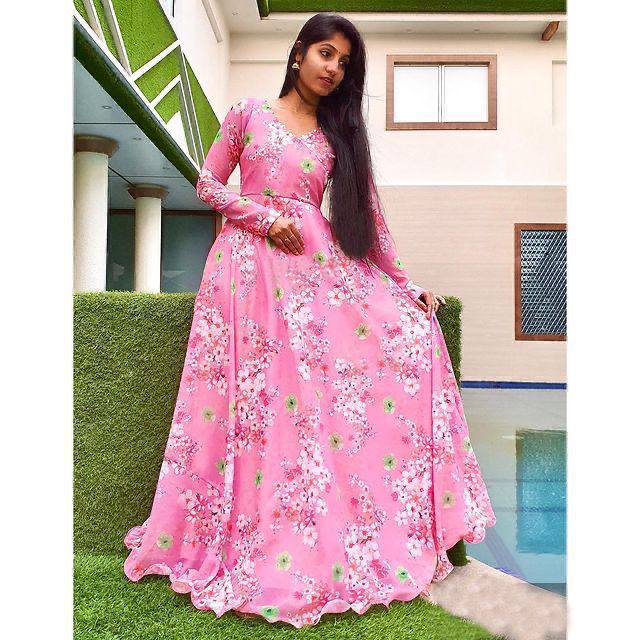 Pink Gown In Georgette Silk With Digital Print