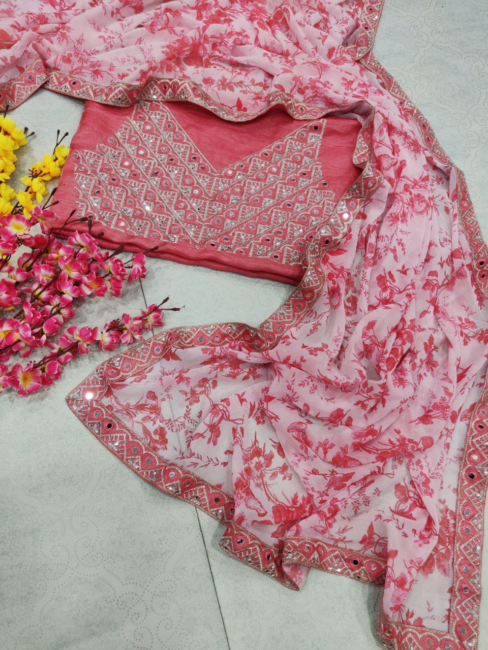 Pink Saree In Georgette Silk With Digital Print