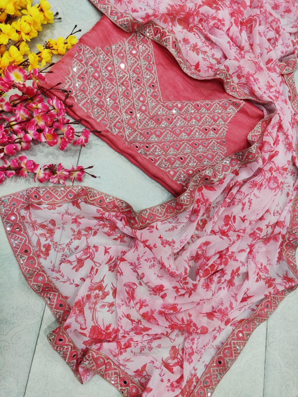 Pink Saree In Georgette Silk With Digital Print