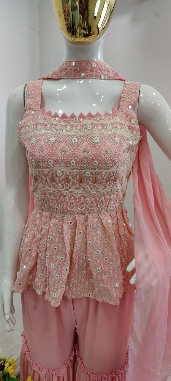 Pink Sharara Suit In Georgette Silk With Embroidery Wok