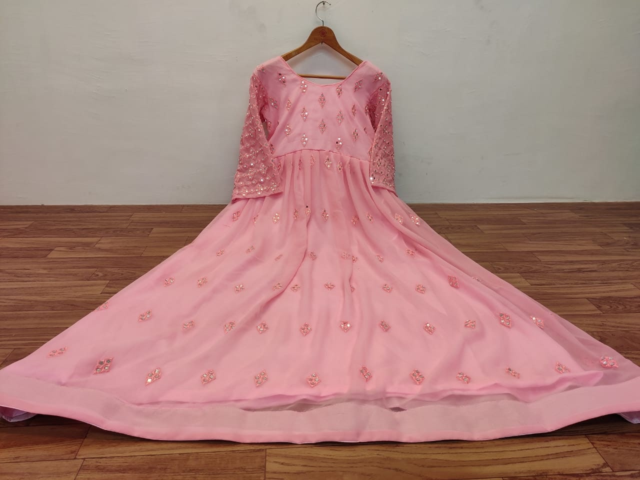 Pink Gown In Georgette Silk With Embroidery Work