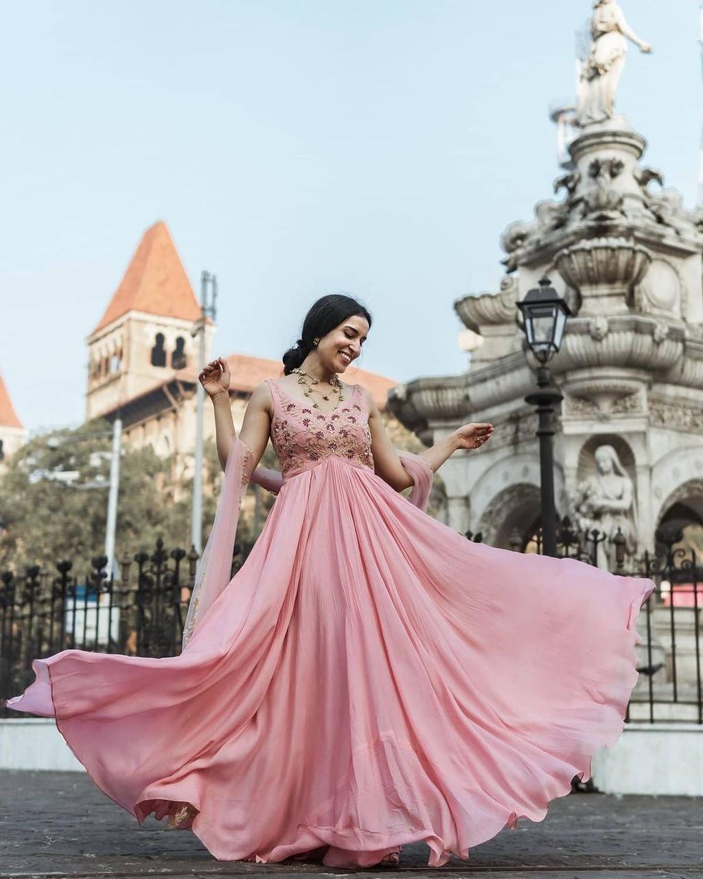 Pink Gown In Georgette Silk With Embroidery Work