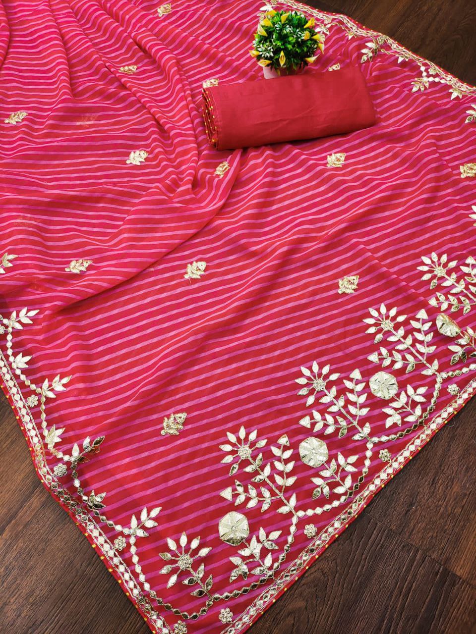 Pink Saree In Georgette Silk With Gota Patti Work