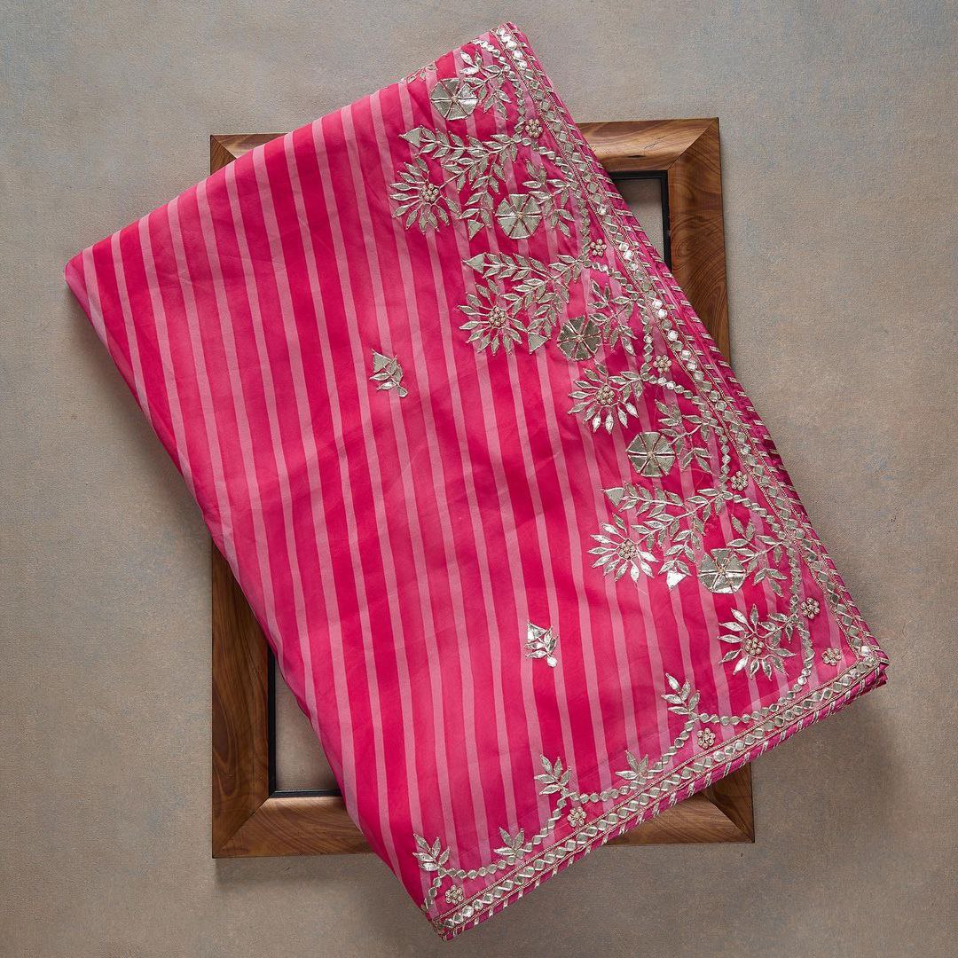 Pink Saree In Georgette Silk With Gota Patti Work