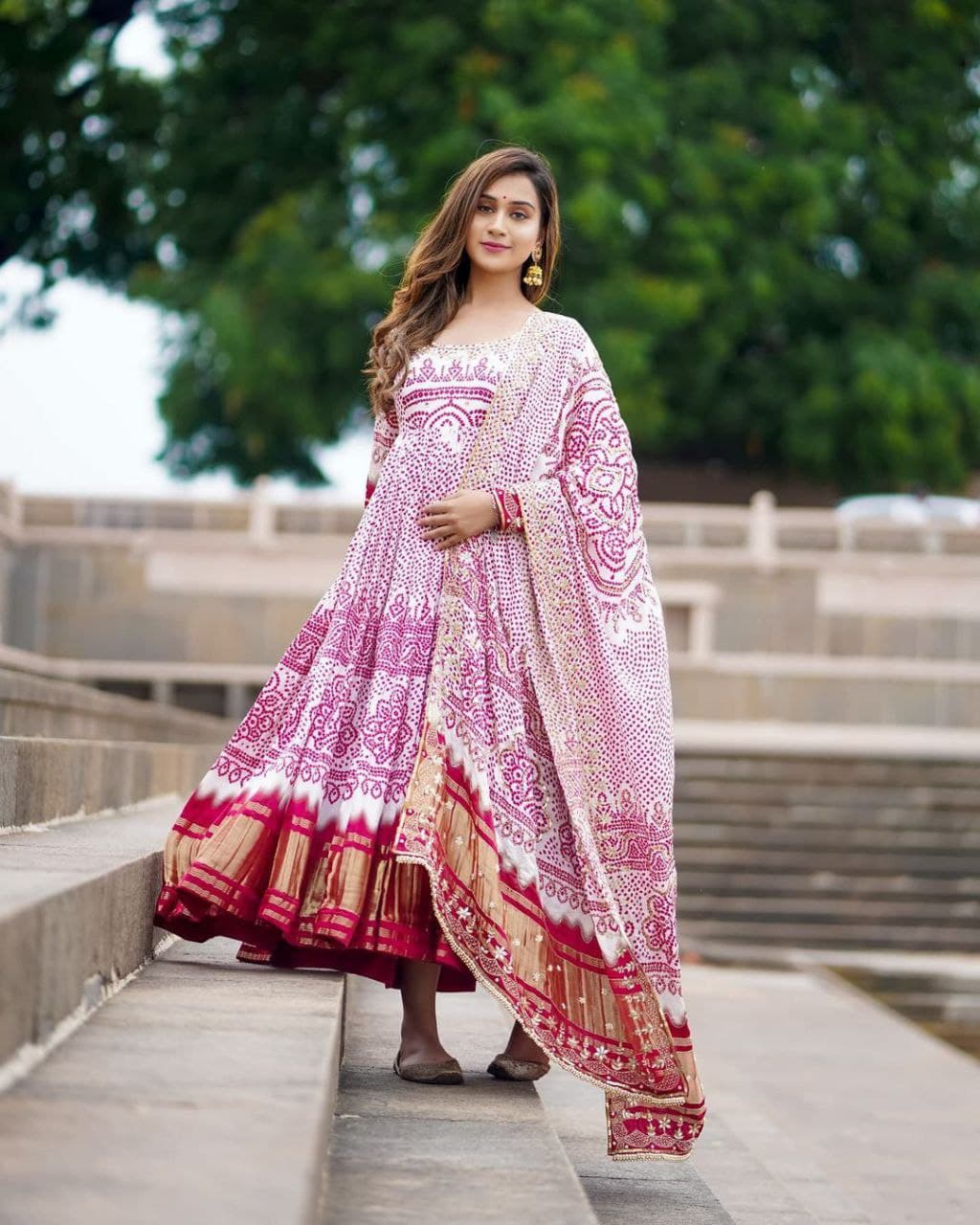 Pink Anarkali Suit In Heavy Butter Silk With Digital Print