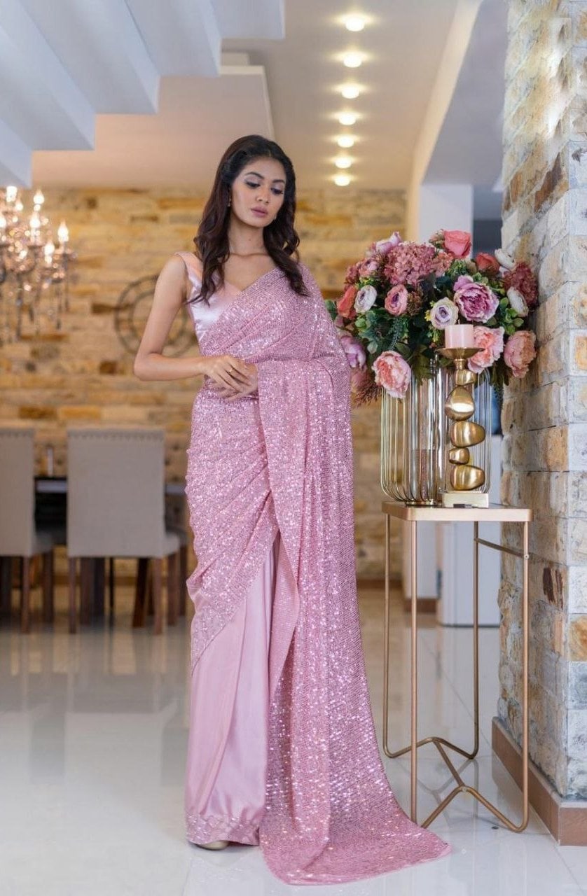 Pink Saree In Heavy Georgette With Sequence Work