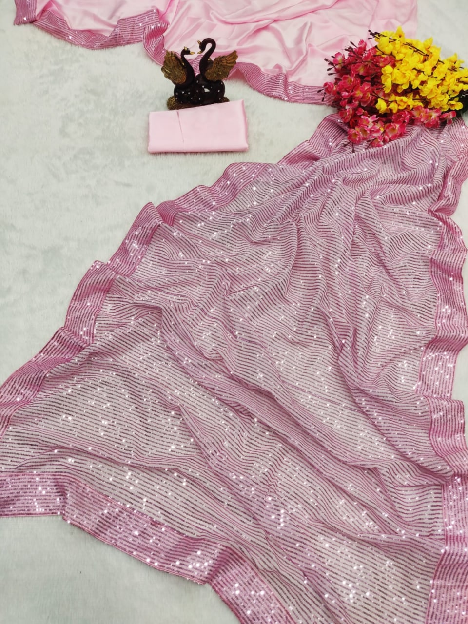 Pink Saree In Heavy Georgette With Sequence Work