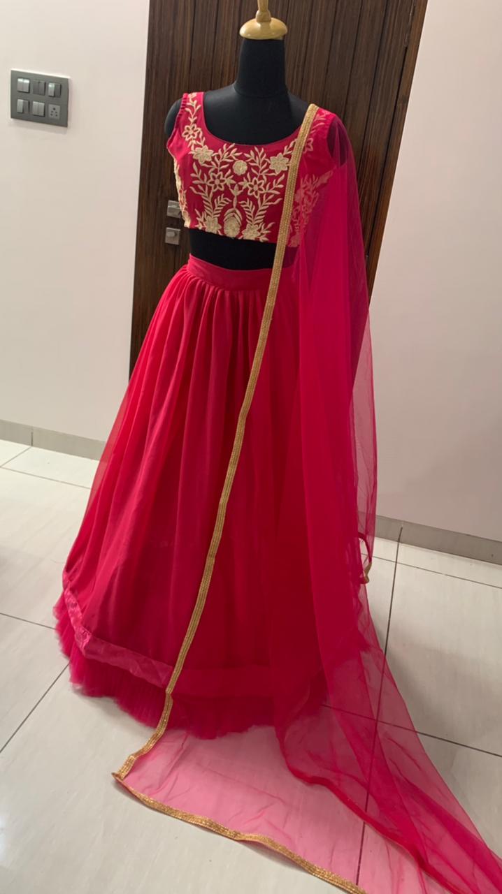 Pink Lehenga Choli In Georgette With Ruffle Border