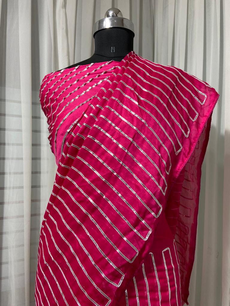 Pink Saree In Moss Silk With Ribbon Embroidery Work